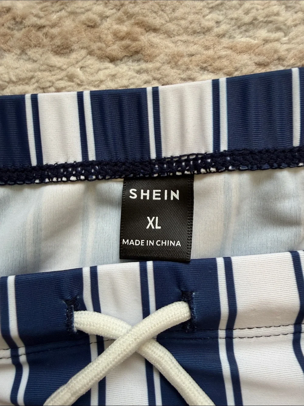 SHEIN Navy & White Striped Men’s Swim Briefs with Drawstring - Size XL